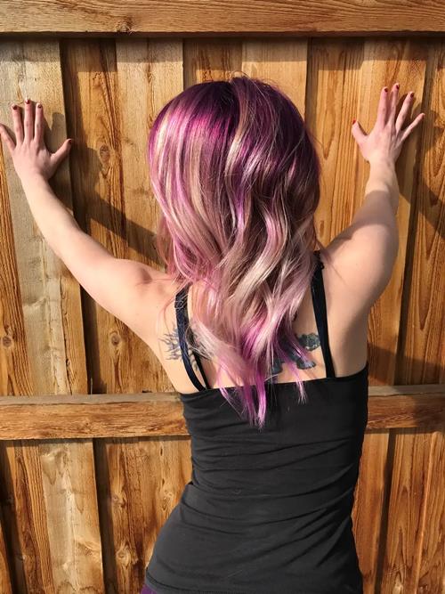Hair Extensions photo, Denver Colorado. What a beautiful, smoky rooted purple faded into random stri(..)